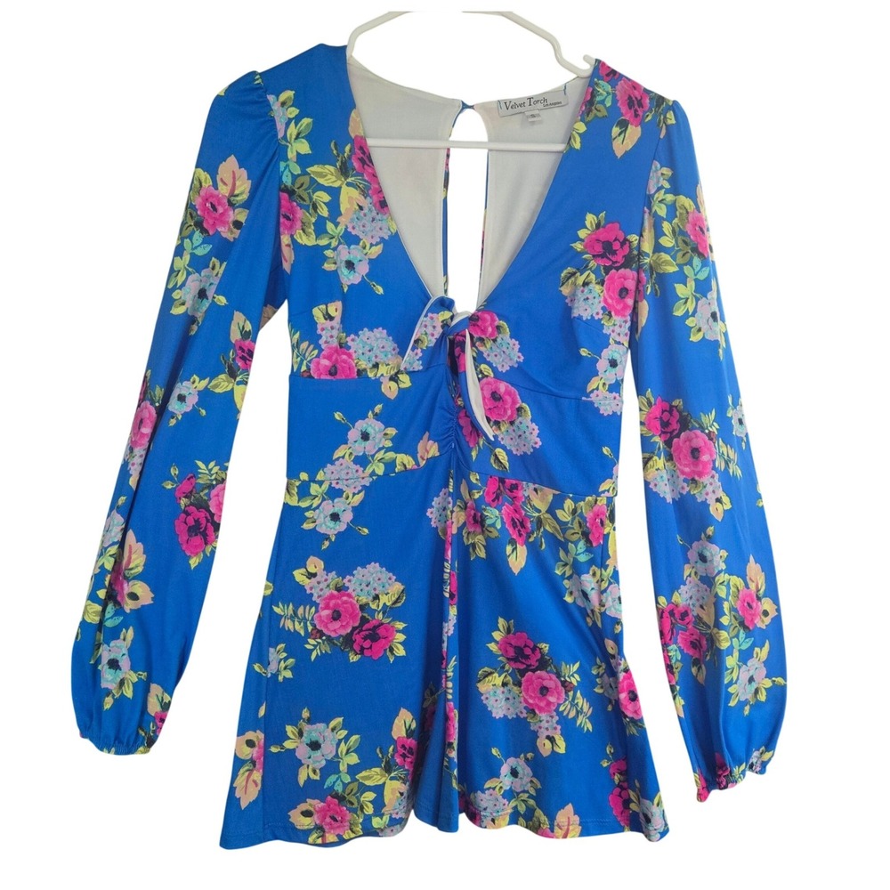 Vibrant Floral Plunge Long Sleeve Romper Blue Festival Boho Cottagecore V-Neck S